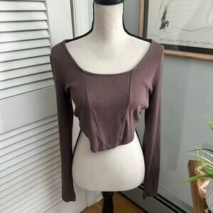 Garage Crop Top Womens XL Brown Ribbed Knit Long Sleeve Retro Y2K Grunge Girl